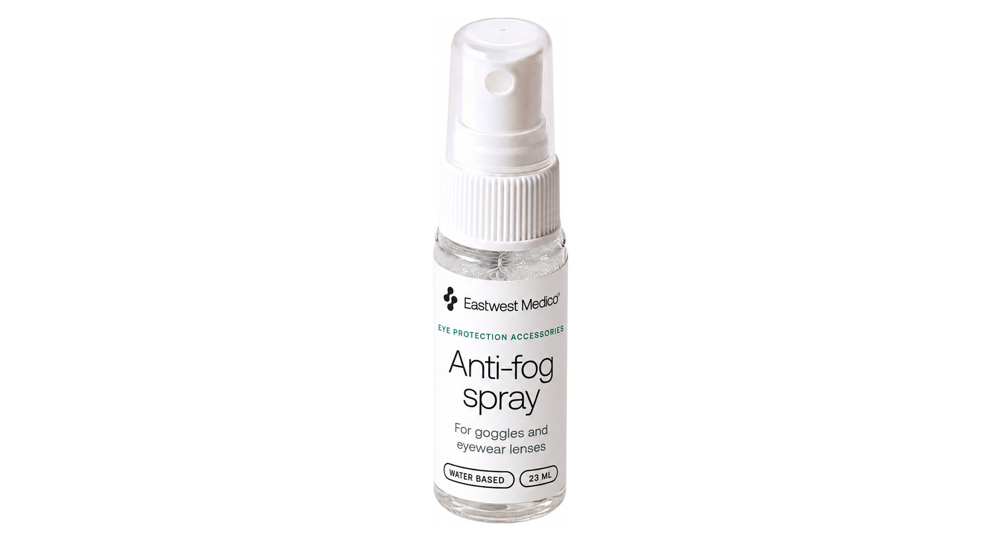 White 23 ml spray bottle with a pump cap and clear anti-fog solution, labelled for goggles and eyewear lenses
