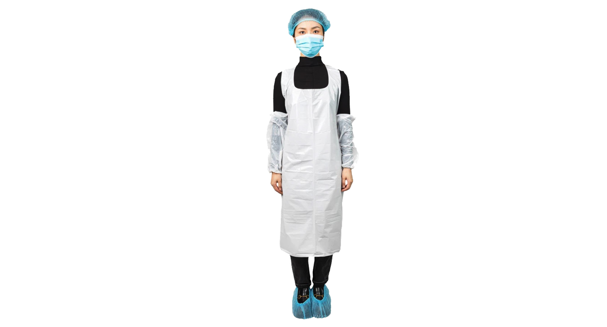 Disposable polyethylene protective apron worn with mask, hair cap and shoe covers