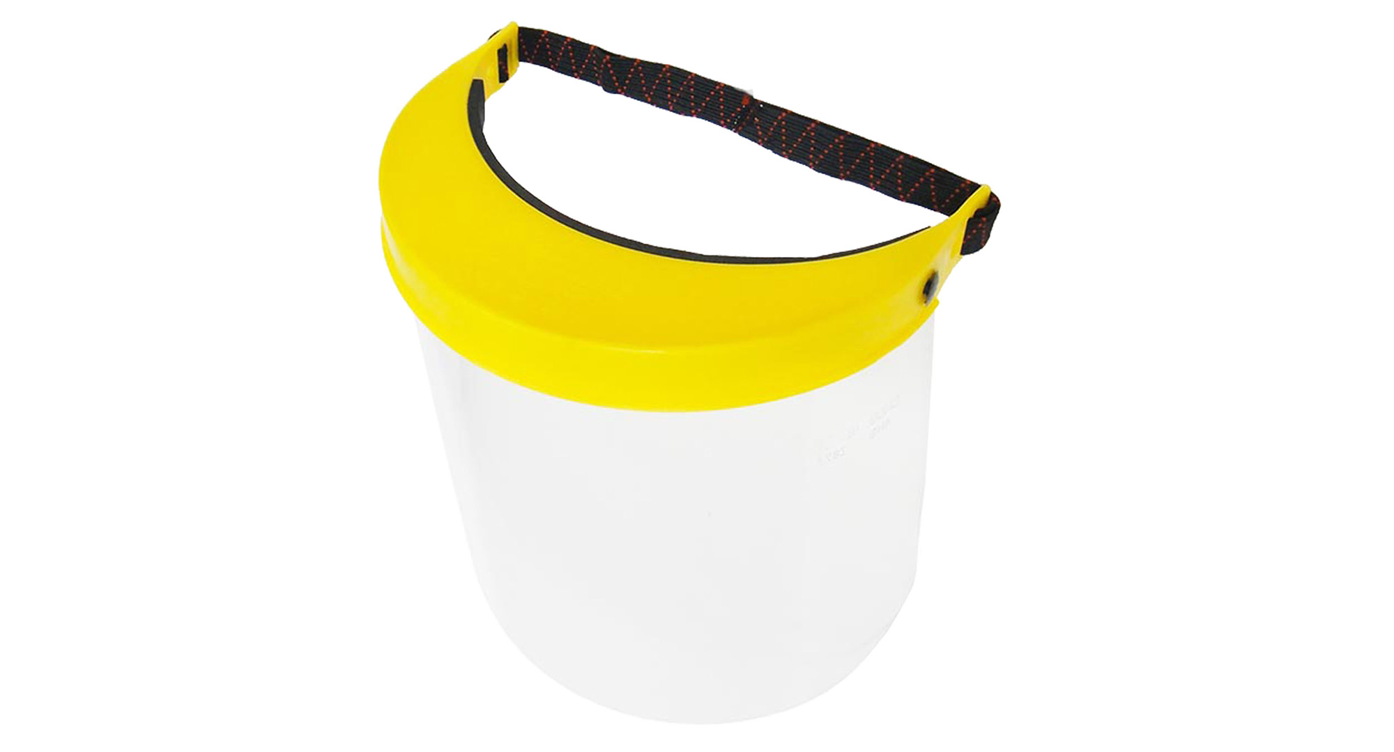 Reusable face shield with yellow visor and adjustable strap