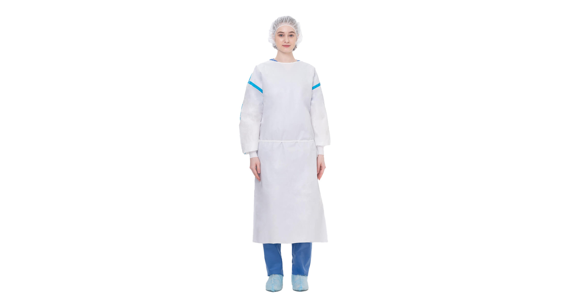 AAMI Level 4 disposable laboratory gown worn with hair cap and shoe covers