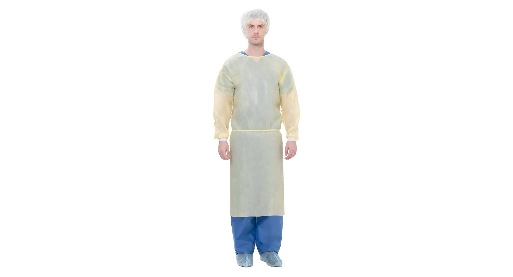 Yellow knee-length isolation gown with knit cuffs and tie waist, worn over blue scrubs