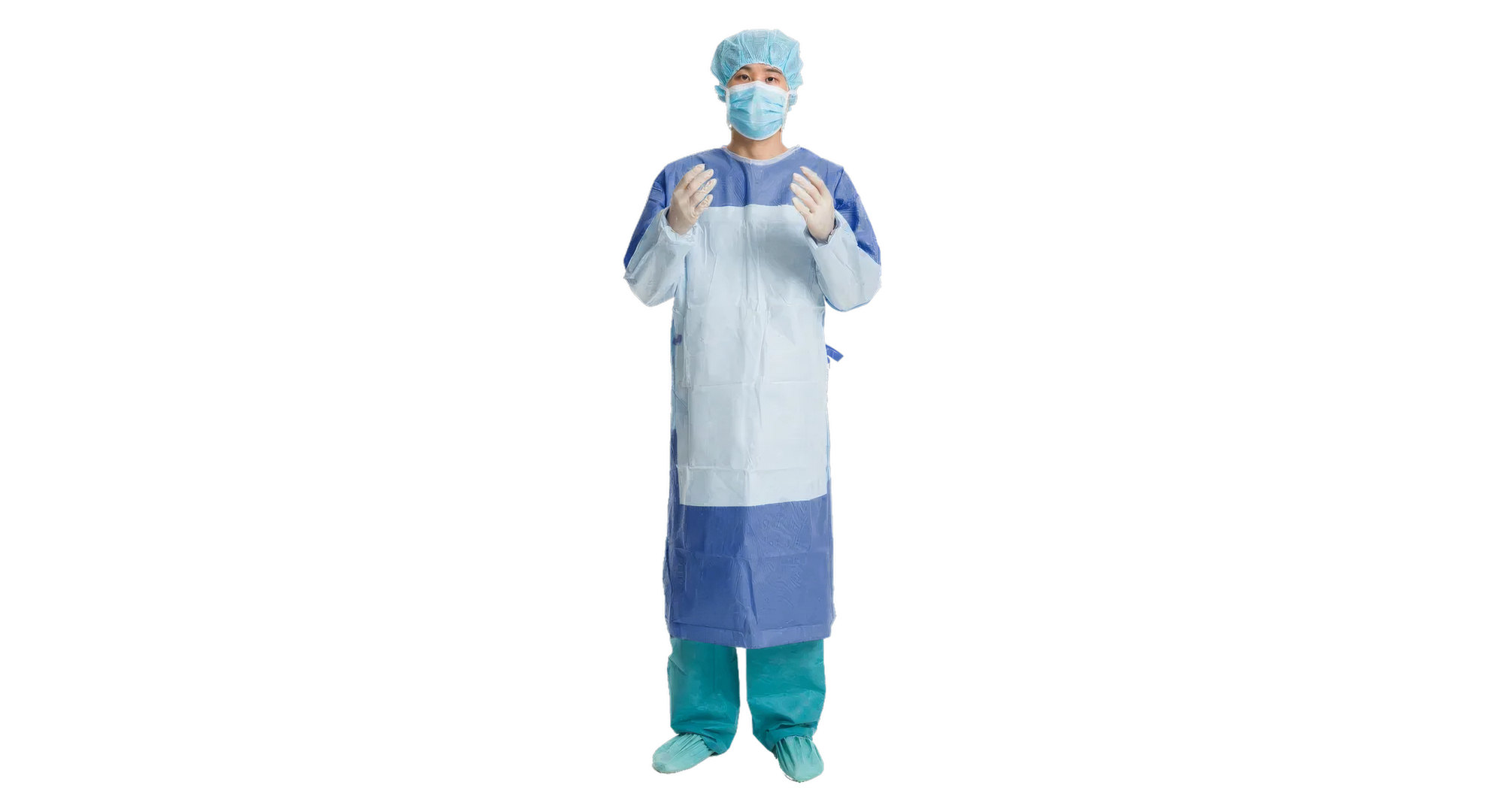 Blue surgical gown with white reinforced front panel and sleeves, shown inside out over green scrubs