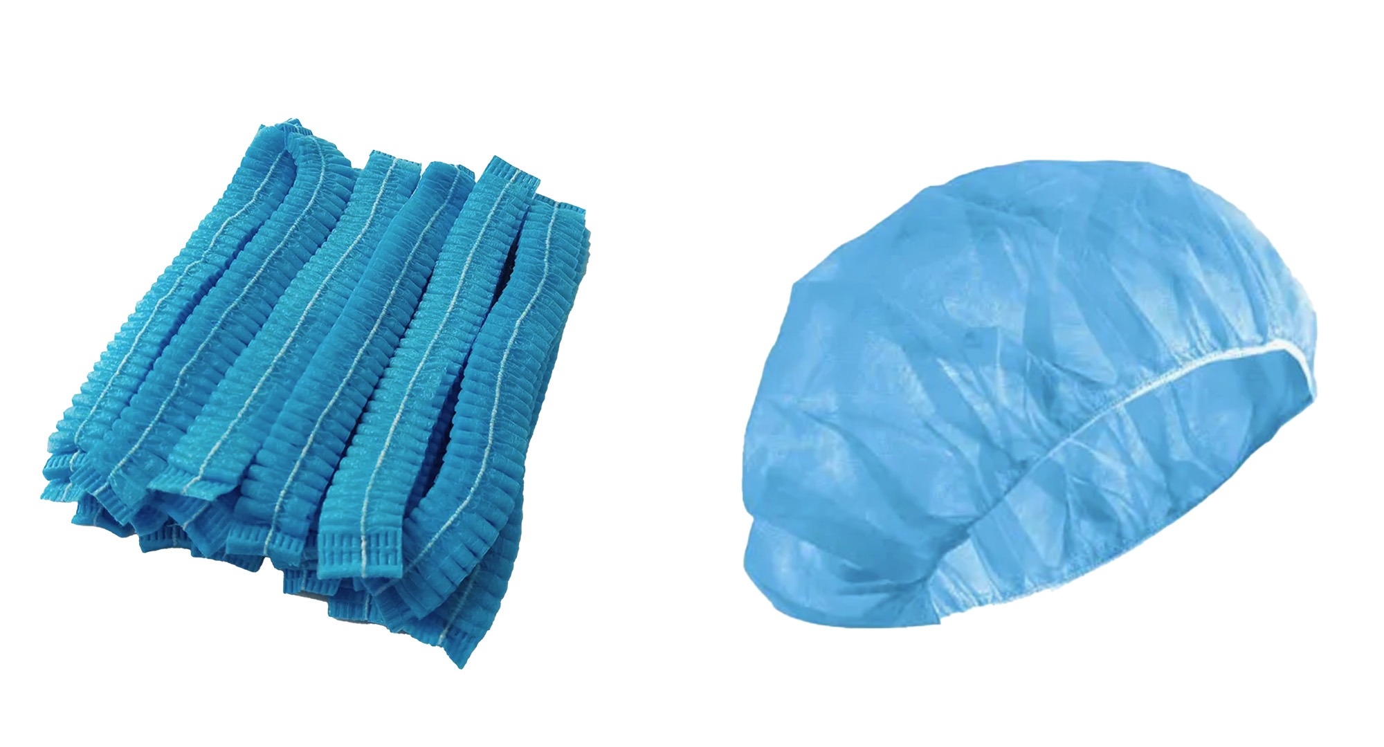 Blue non-woven disposable hair caps, stacked and single