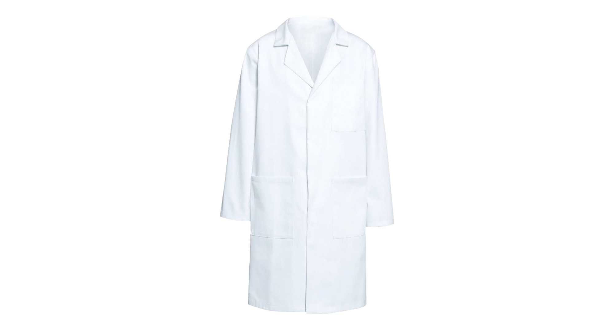 White reusable cotton lab coat with lapel collar and three pockets
