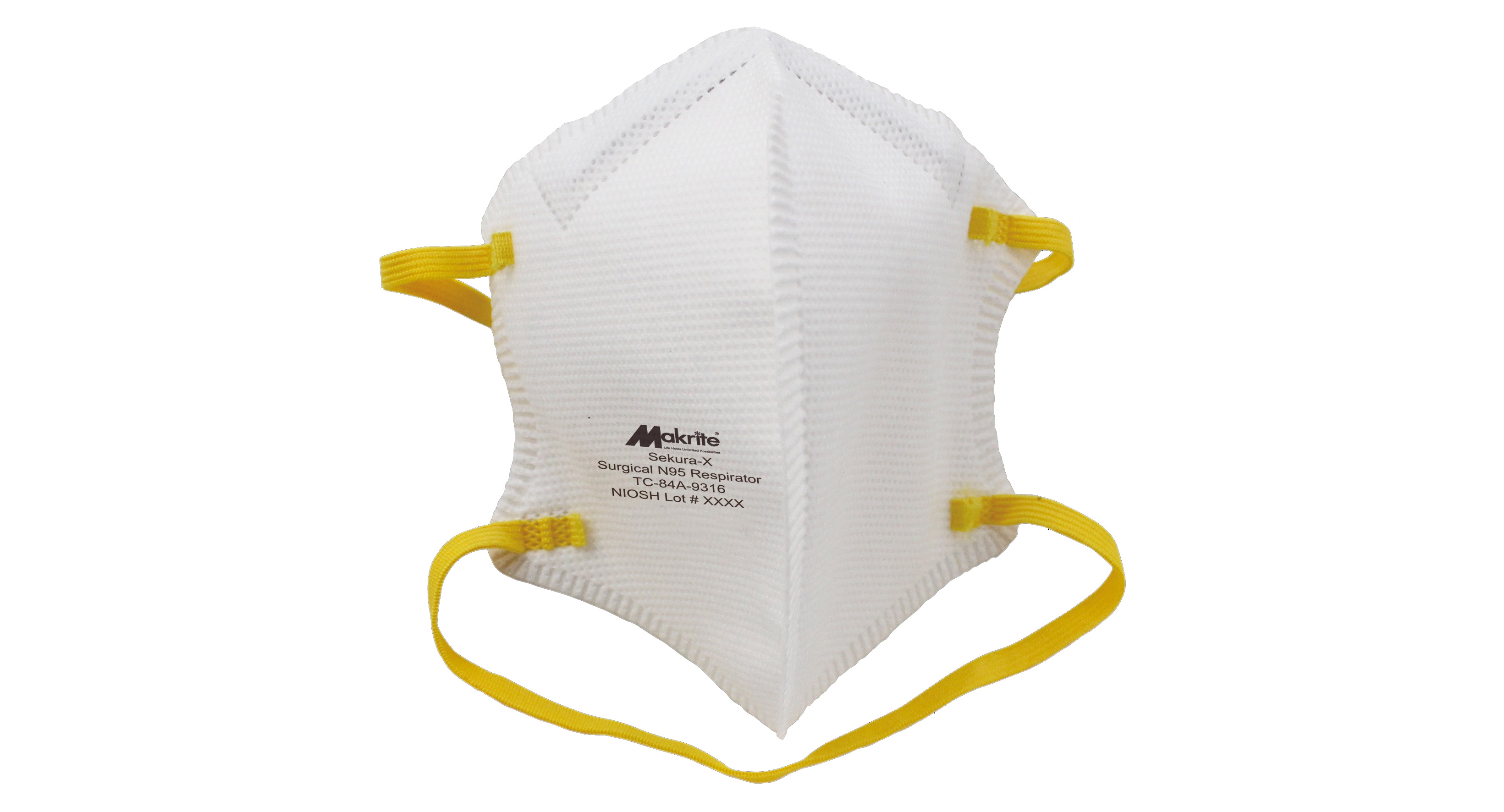 White N95 disposable respirator with vertical fold and yellow head straps