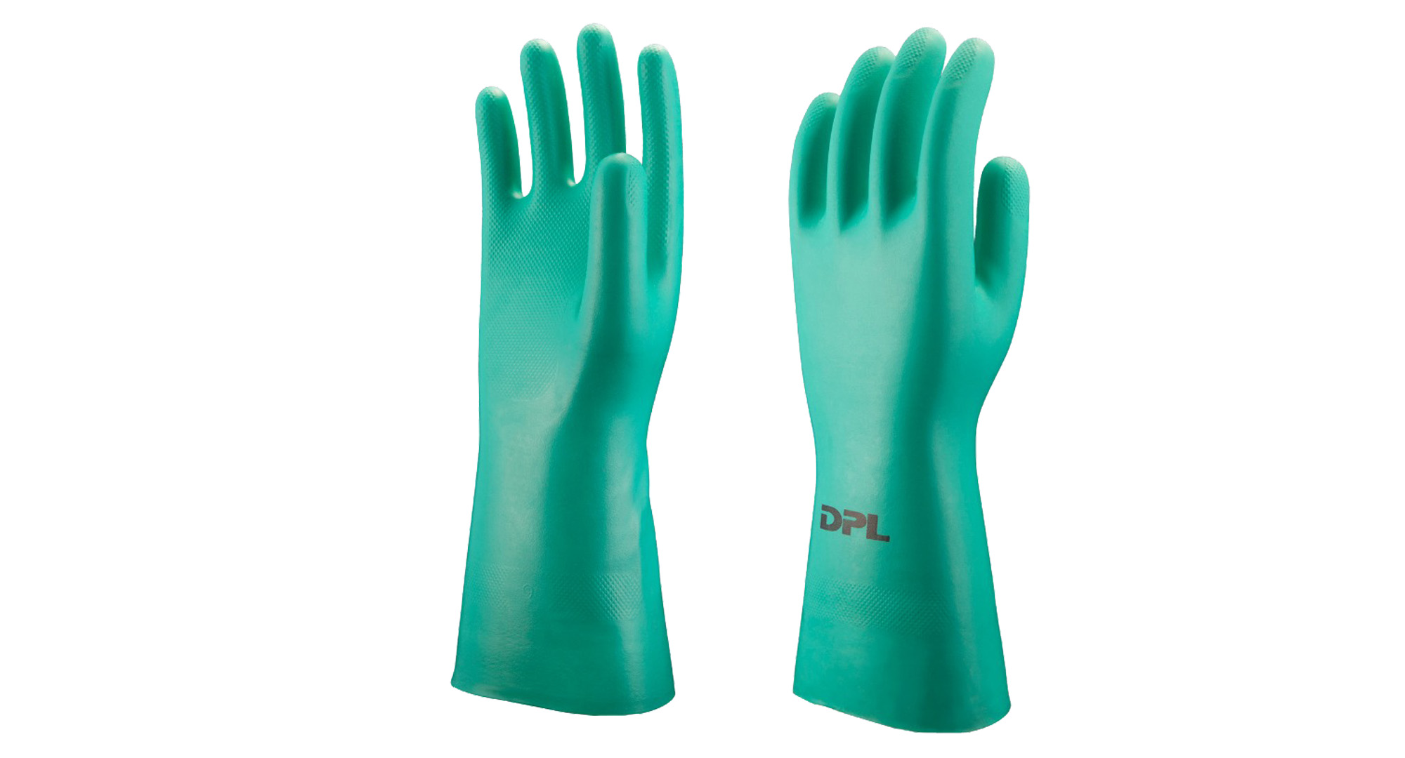 Green reusable nitrile chemical protection gloves, palm and back view