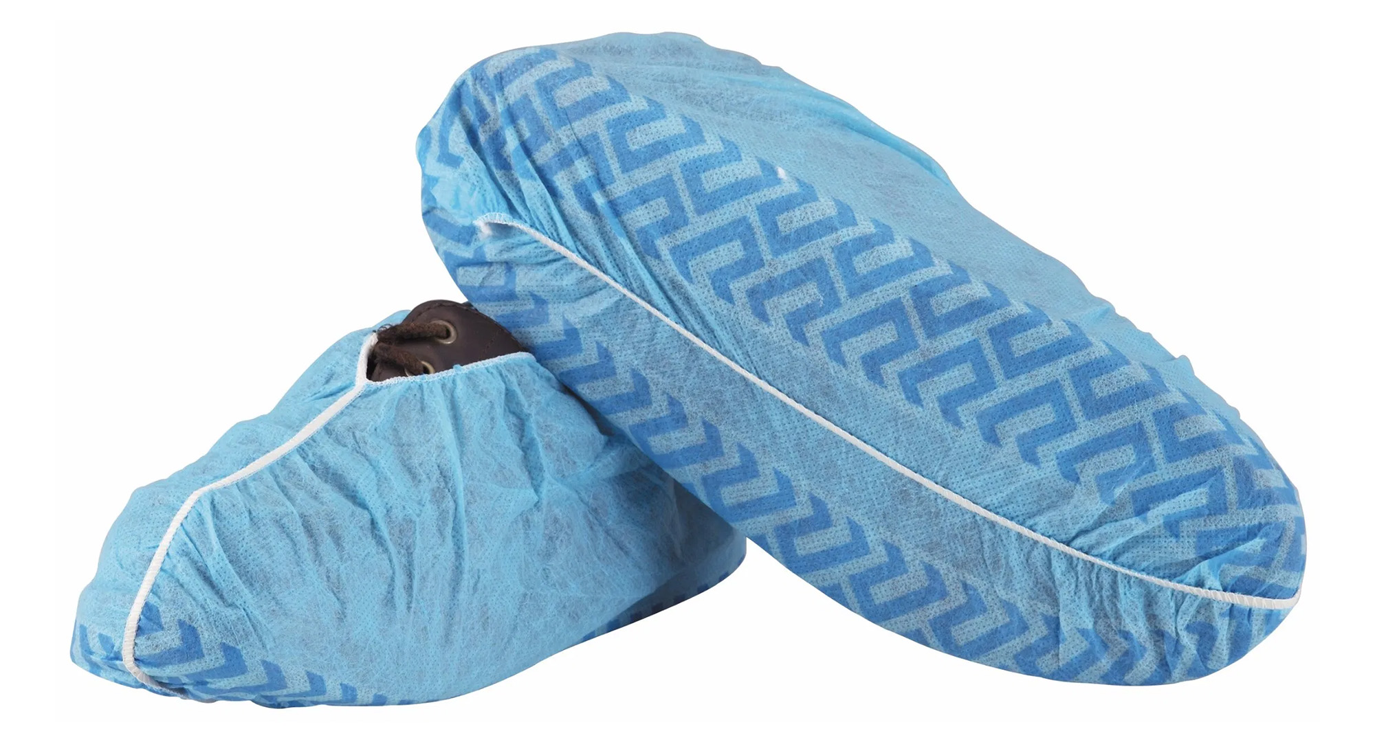 Blue non-woven disposable shoe covers with anti-slip tread