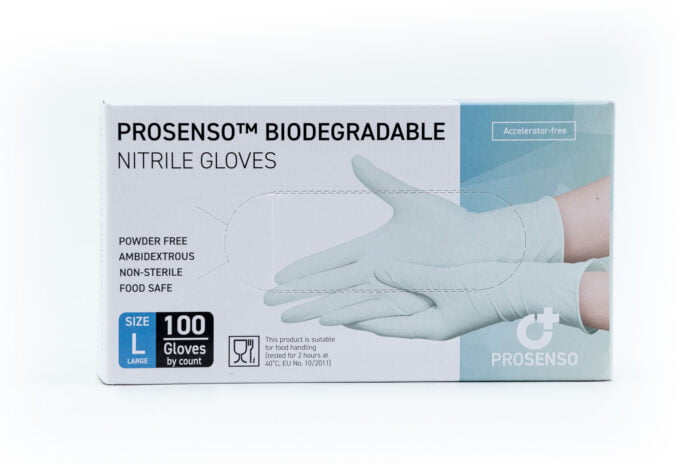 Image showing the front of a box of Prosenso Biodegradable size L with white background