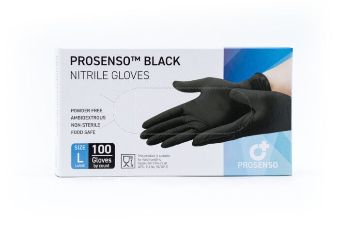 Image showing the front of a box of Prosenso Black size L with white background