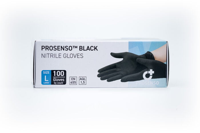 Image showing the side of a box of Prosenso Black size L with white background