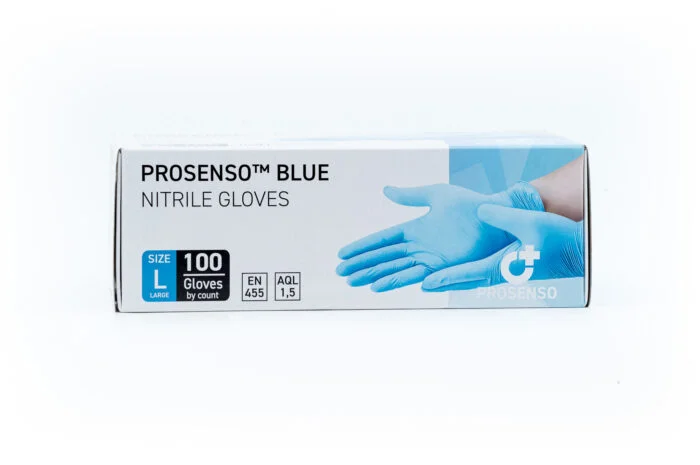 Image showing the side of a box of Prosenso Blue size L with white background