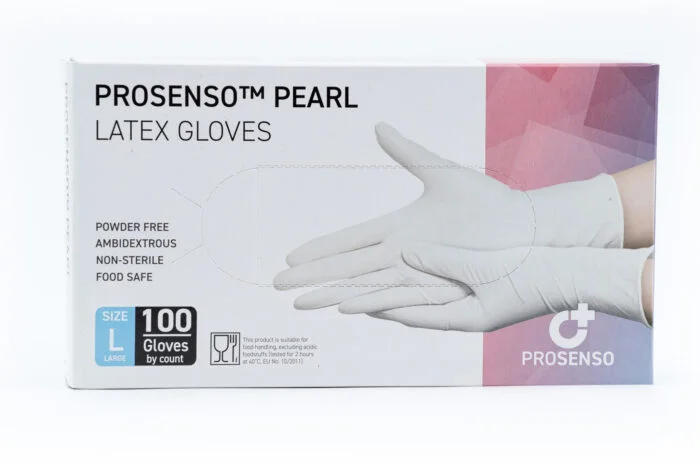 Image showing the front of a box of Prosenso Pearl latex gloves size L with white background