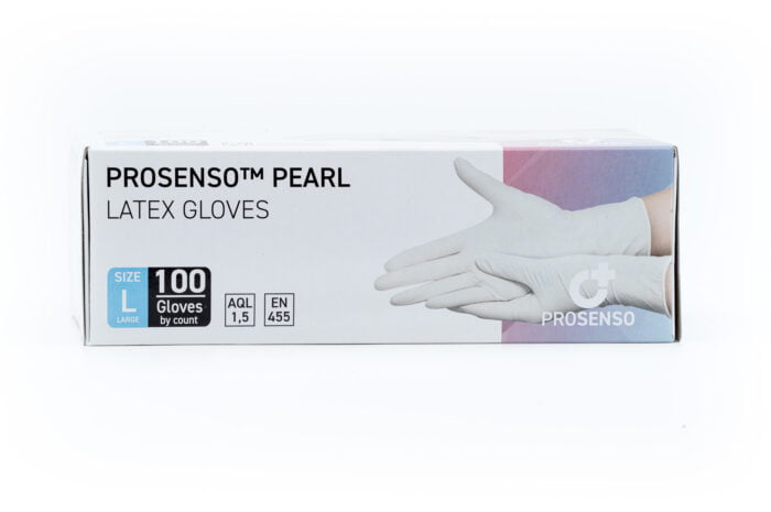 Image showing the side of a box of Prosenso Pearl latex gloves size L with white background