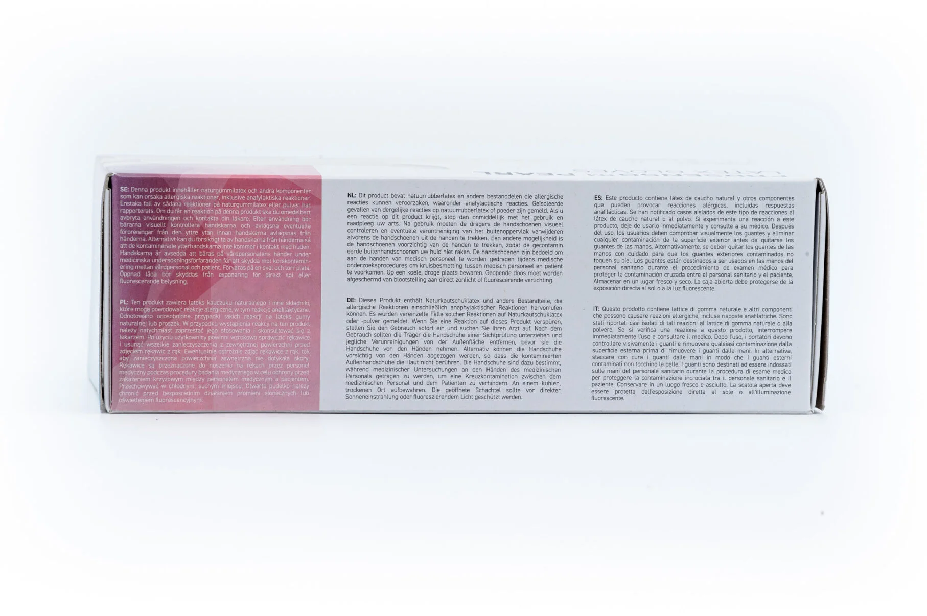 Image showing the side of a box of Prosenso Pearl latex gloves with all the IFU languages on white background