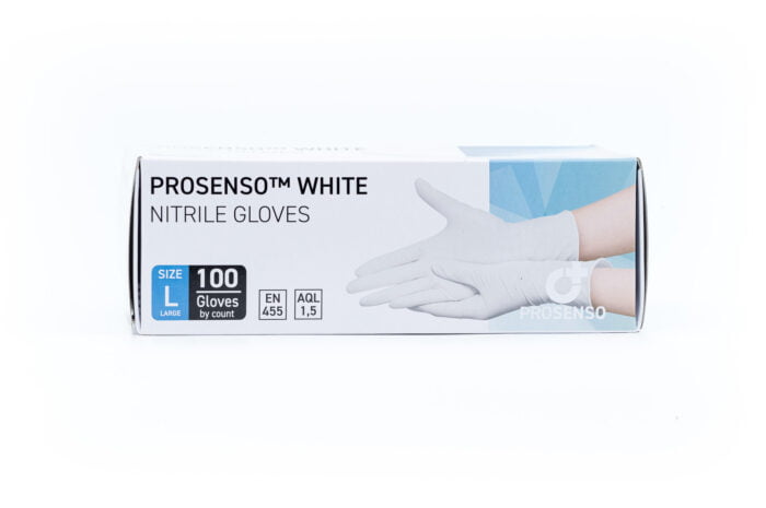 Image showing the side of a box of Prosenso White size L with white background
