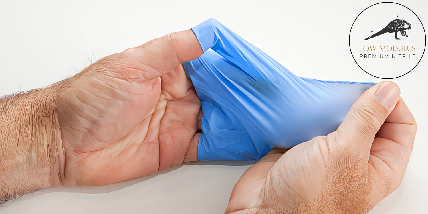 Man holding low modulus prosenso blue nitrile glove in hand