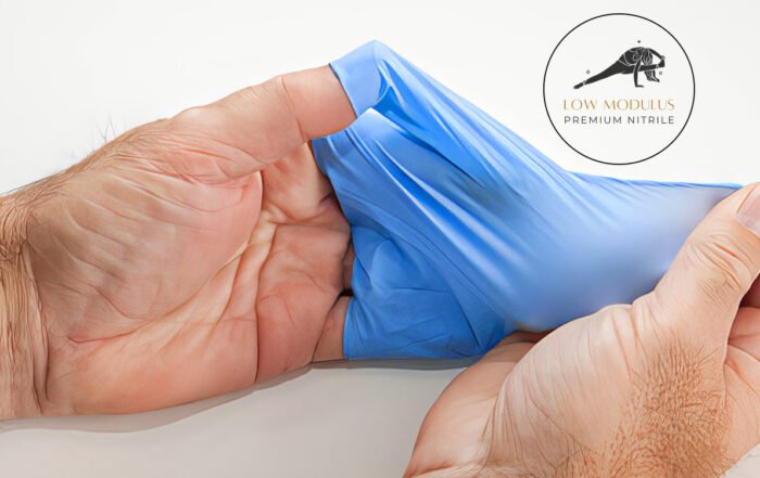 Hands holding low modulus prosenso nitrile glove