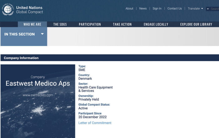 Screenshot of Eastwest Medico on UN Global Compact website