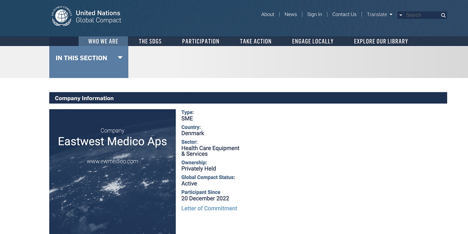 Screenshot of Eastwest Medico on UN Global Compact website