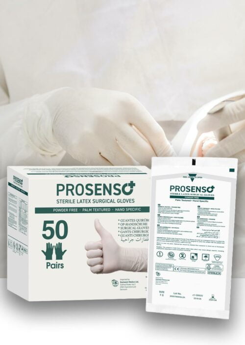 PROSENSO SURGICAL GLOVES ON BACKGROUND WITH HANDS