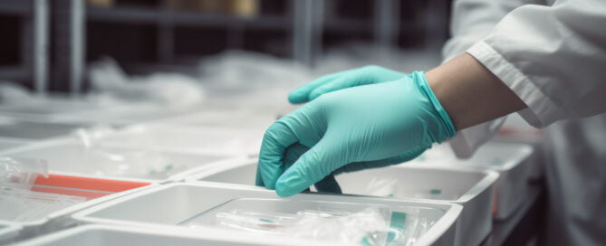 Healthcare working wearing Prosenso Biodegradable nitrile gloves touching plastic tray in medical environment