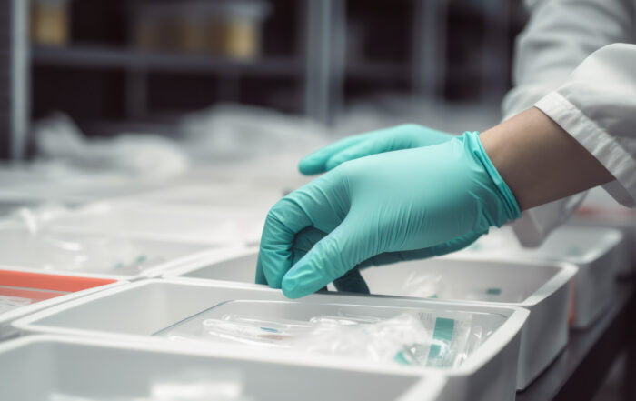 Healthcare working wearing Prosenso Biodegradable nitrile gloves touching plastic tray in medical environment