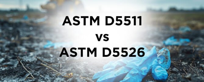 Image showing nitrile gloves on landfill with the text ASTM D5511 vs ASTM D5526 in front.