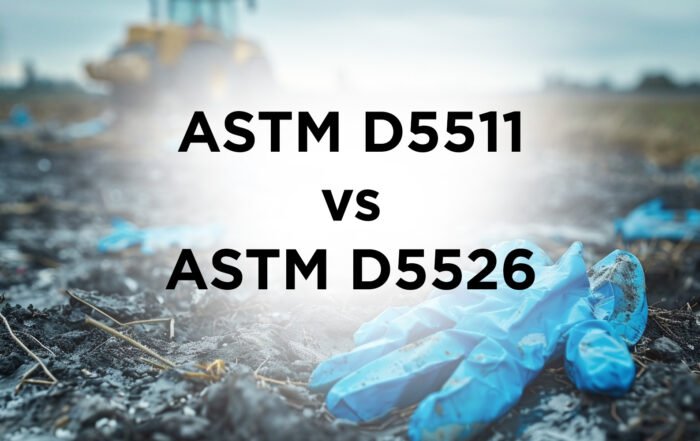 Image showing nitrile gloves on landfill with the text ASTM D5511 vs ASTM D5526 in front.