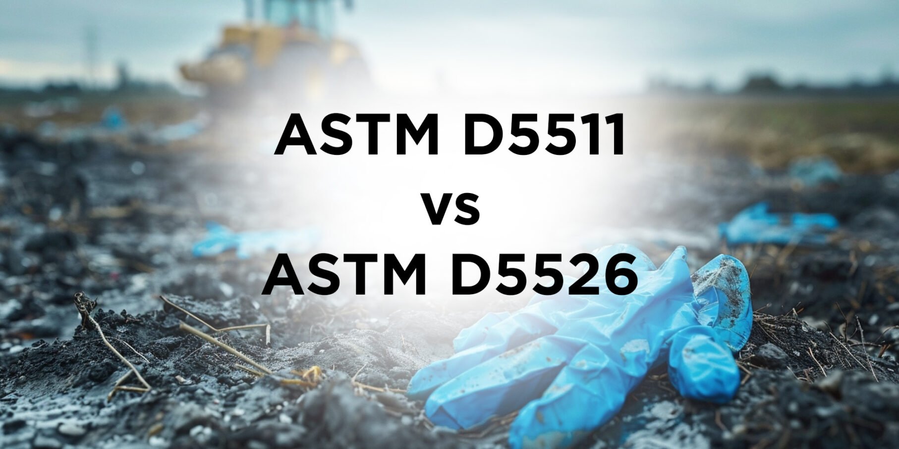 Image showing nitrile gloves on landfill with the text ASTM D5511 vs ASTM D5526 in front.