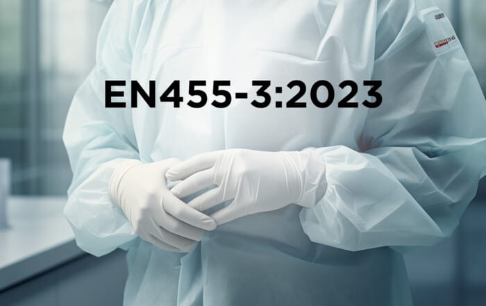 EN455-3:2023 written over image of nurse with white gloves