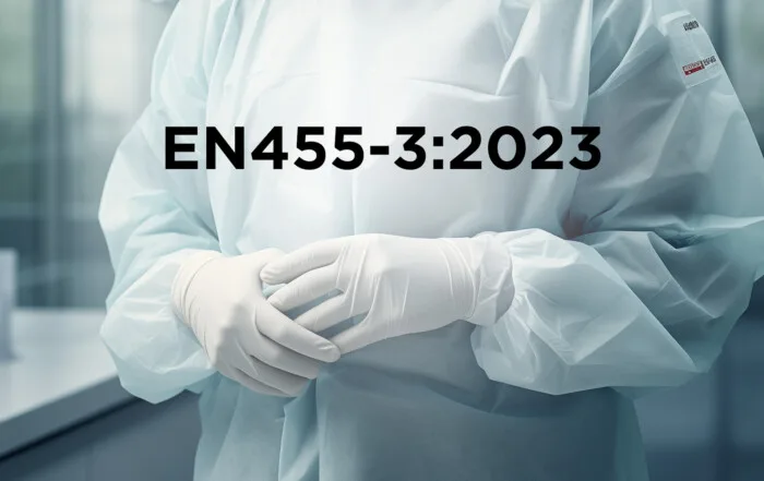 EN455-3:2023 written over image of nurse with white gloves